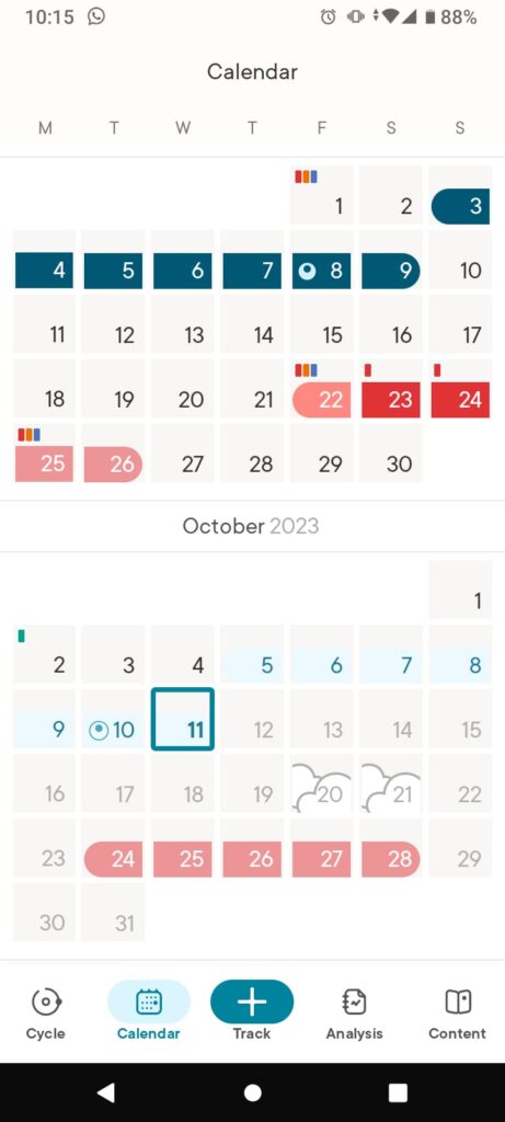 A screenshot of a calendar on a phone. There are 2 calendars, the one at the top represents the previous cycle in September and the bottom one the current cycle in October. The dates 3rd-9th September are marked dark blue. The dates 22nd-26th September are marked red. The dates 5th-11th October are marked light blue and the 11th October is highlighted as it was the current date.