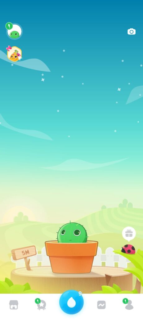 A screenshot of a phone. There is a cartoon of a sky and a small cactus at the bottom of the screen with a signpost stating 5M next to it. Below are little icons of a house, star with a green ! on it, big blue water droplet in the middle, a graph and then a silhouette with a green ! on it.