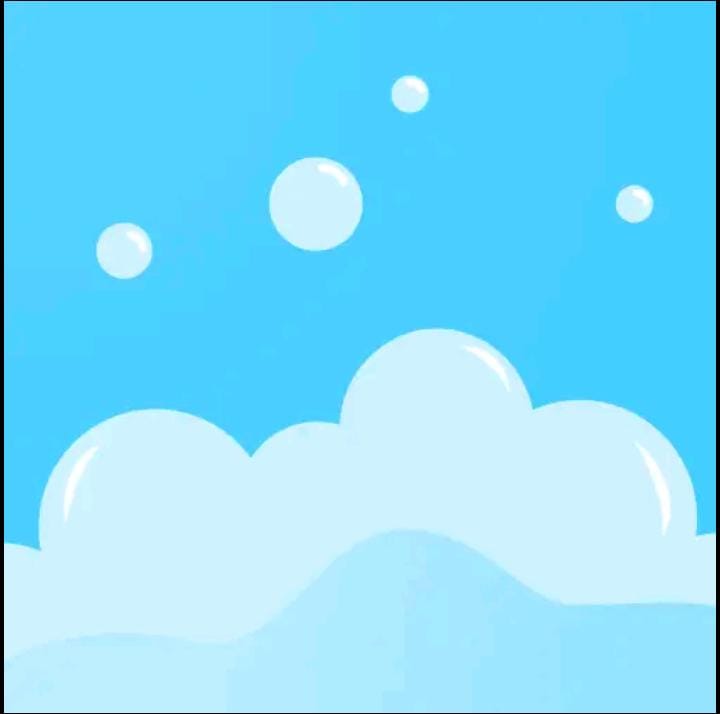 A cartoon blue background with white a layer of washing up bubbles with 4 floating above 