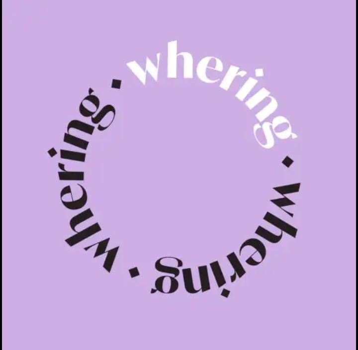 A purple background with the word whering in a circle with small diamonds in between them. 2 of the "wherings" are black and one white.