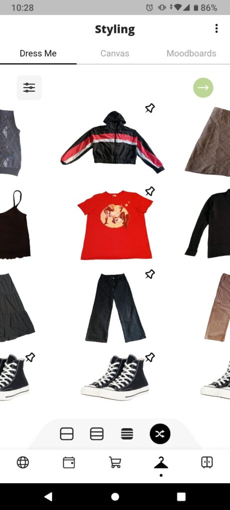 The top heading says styling below are 3 smaller sub headings of Dress Me, Canvas and Moodboards. Below are collage of different clothes including a red graphic t-shirt, blue jeans, black converse shoes, brown suede skirt and black polo neck.